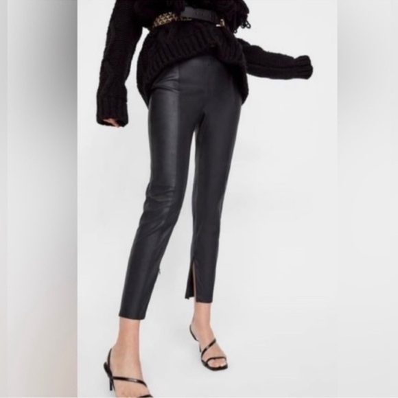 Zara Black Faux Leather High Rise Raw Hem Ankle Zip Leggings - Picture 1 of 13